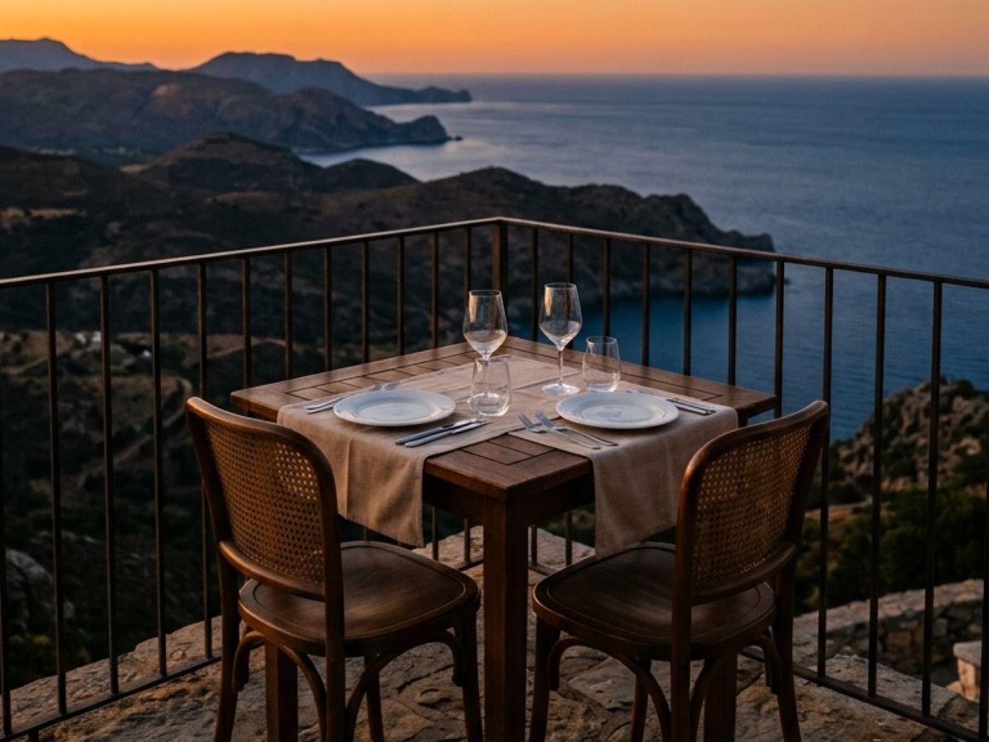 A terrace table set for two at sunset, with nobody sitting at it.