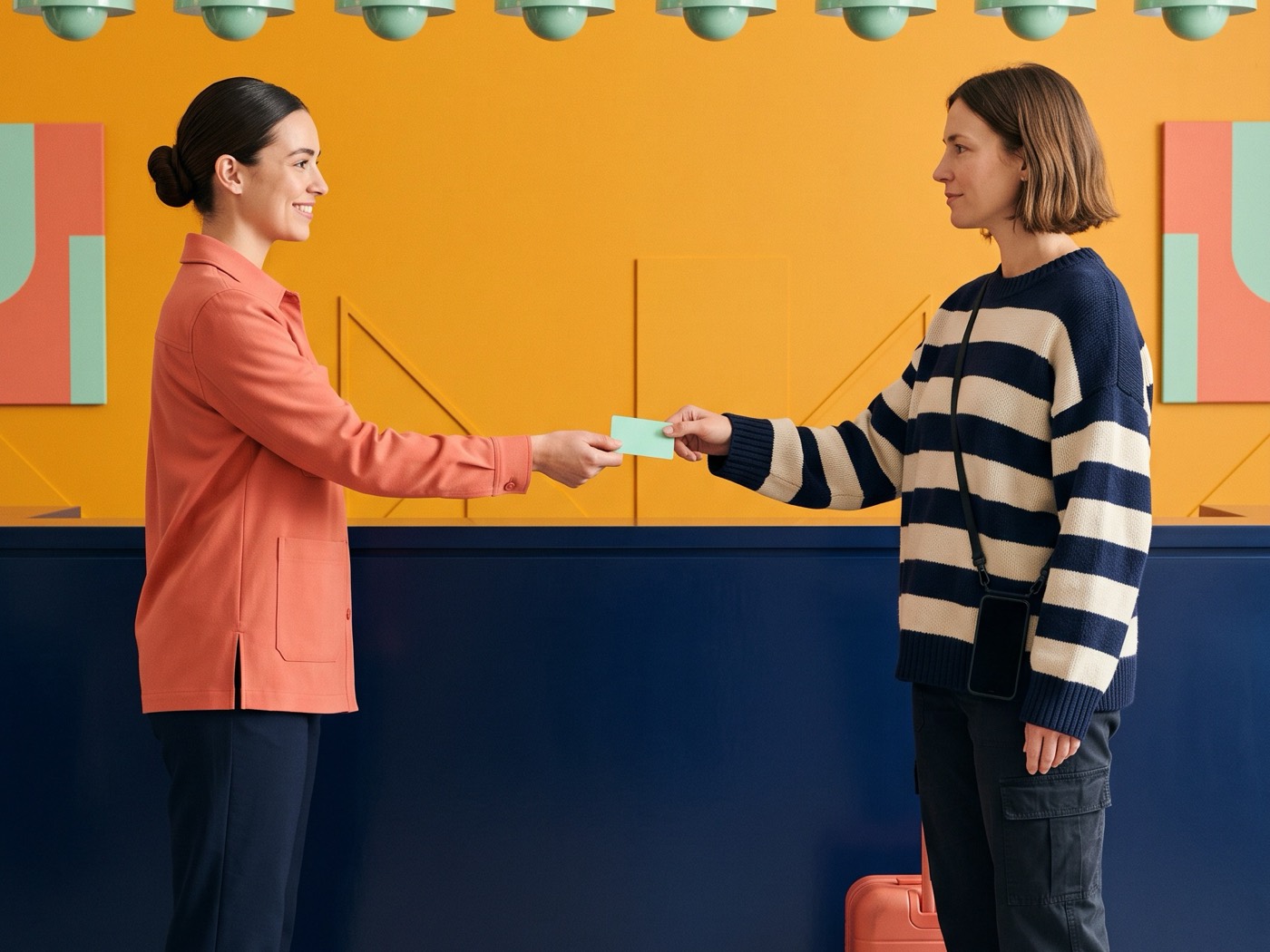 A receptionist handing a key card to a guest with a suitcase.