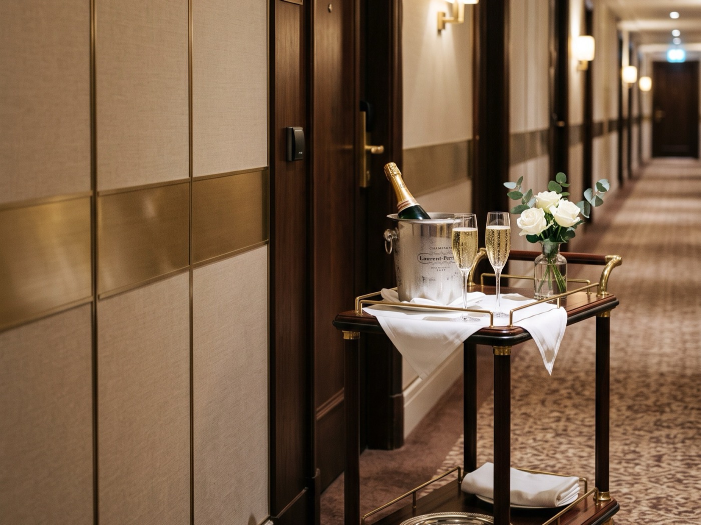 A service trolley standing in a hotel corridor outside a room door.