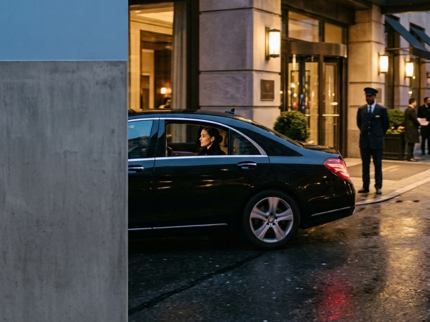 A car pulling away from a hotel entrance at dusk, a doorman watching.