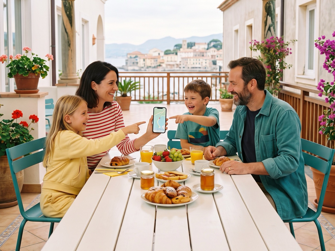 A family at breakfast on a terrace, one of them holding a phone.